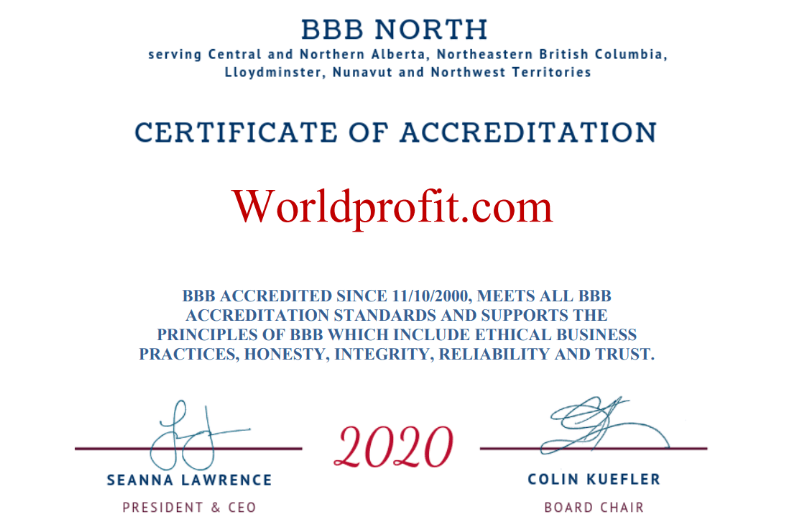 BBB Rating & Accreditation for worldprofit, certificate